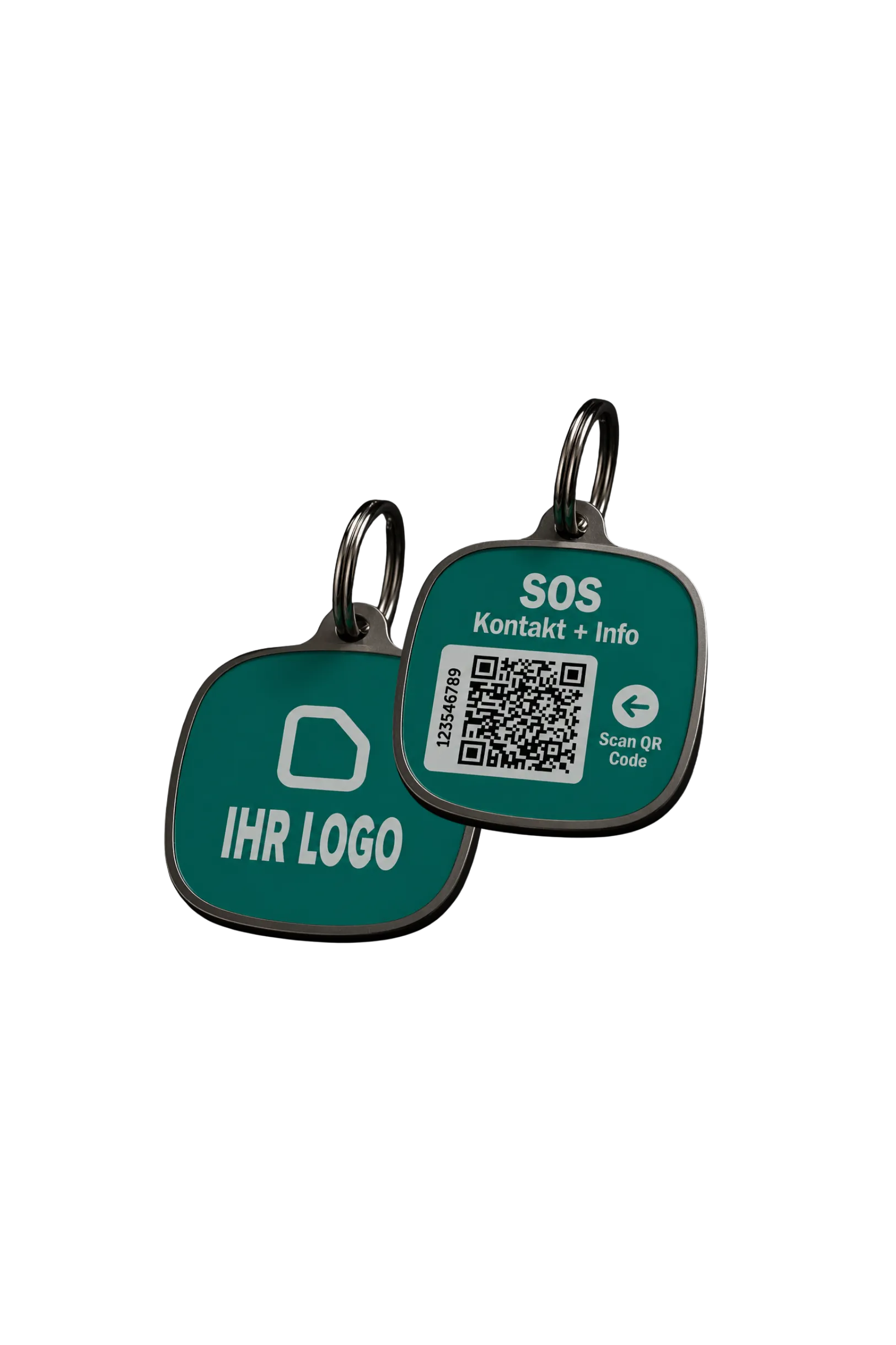 Haustier-Anhänger mit QR-Code und Firmenlogo