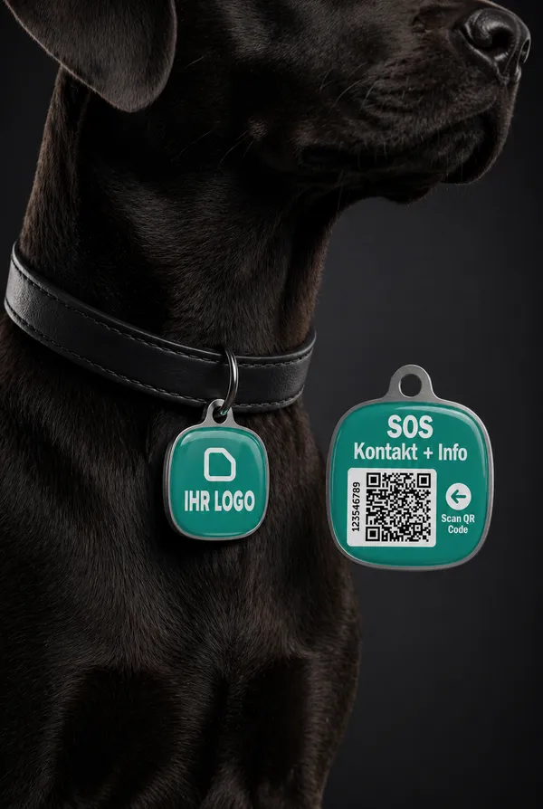 Hund mit SOS-Anhänger am Halsband