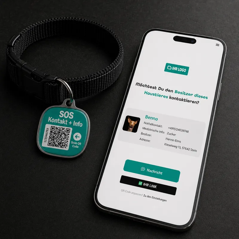 Haustier mit SOS-Anhänger am Halsband und App-Ansicht