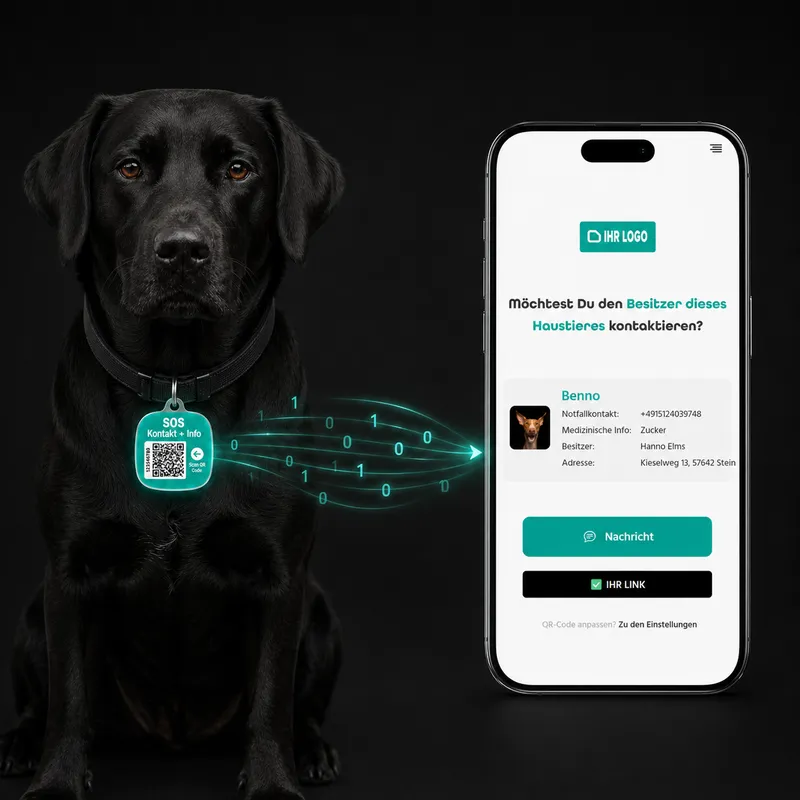 Hund mit SOS-Anhänger am Halsband