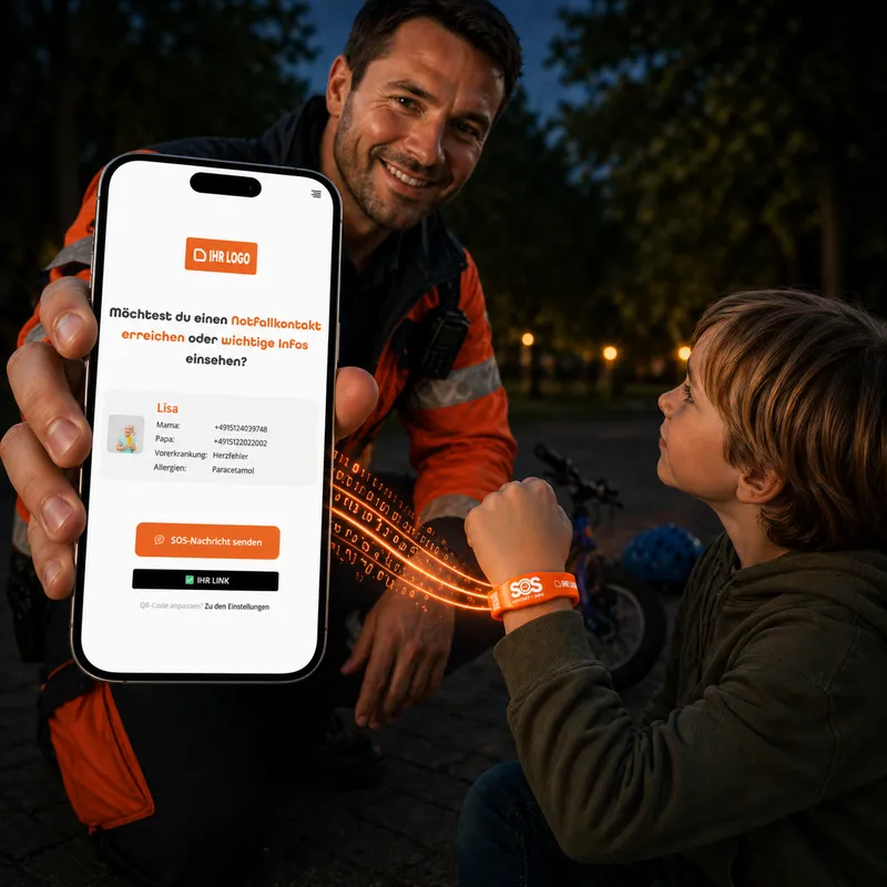 Braccialetto SOS con logo aziendale e profilo di emergenza digitale